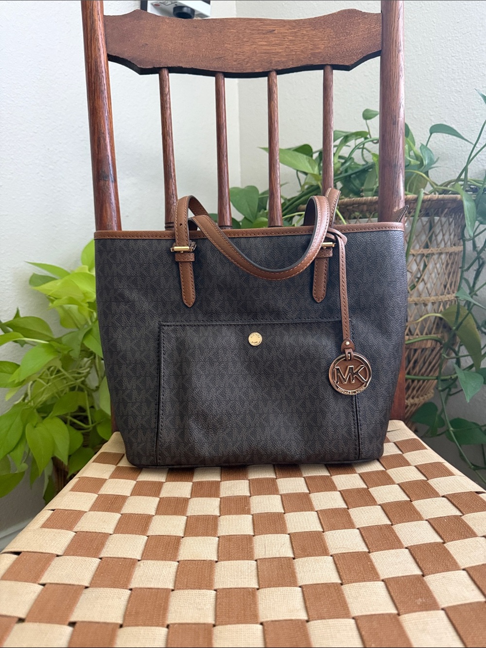 Michael Kors Dark Brown Monogram Tote with Tan Leather Trim